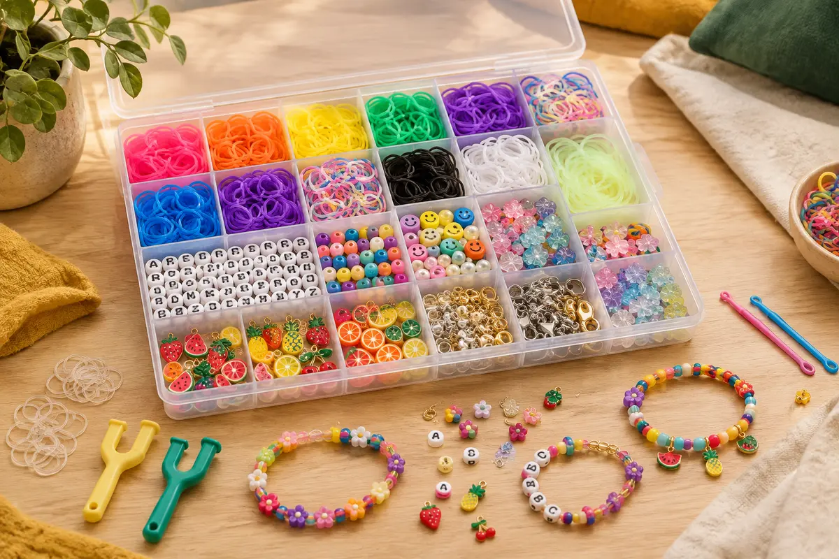 Boîte compartimentée de kit de bracelets élastiques avec perles, pendentifs et outils de création