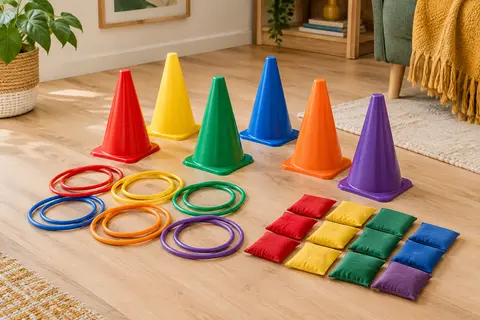 Jeu de lancer multicolore avec six cônes, douze anneaux et douze sacs posé sur un sol en bois clair.