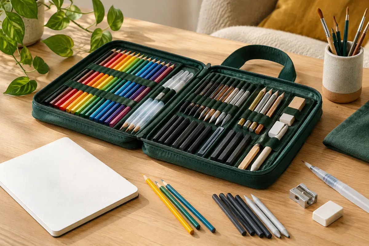 Trousse de dessin ouverte avec crayons multicolores, outils et carnet posés sur une table en bois clair.