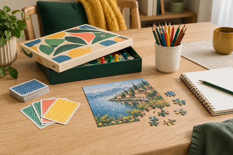 Jeu, puzzle et crayons réunis sur une table claire, dans une ambiance calme dédiée aux loisirs à la maison.