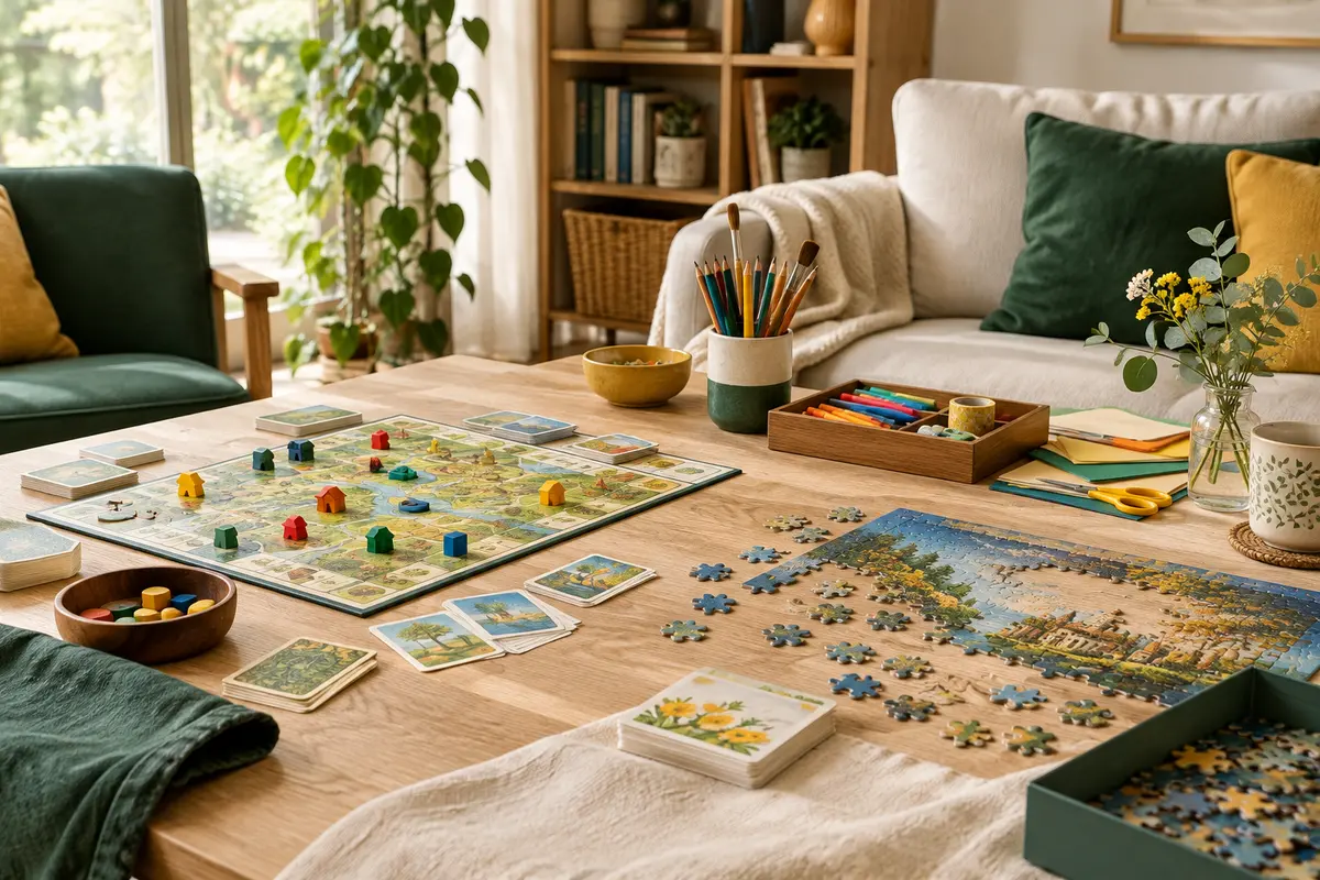 Jeu de société, puzzle et matériel créatif disposés sur une table en bois clair dans un salon lumineux.